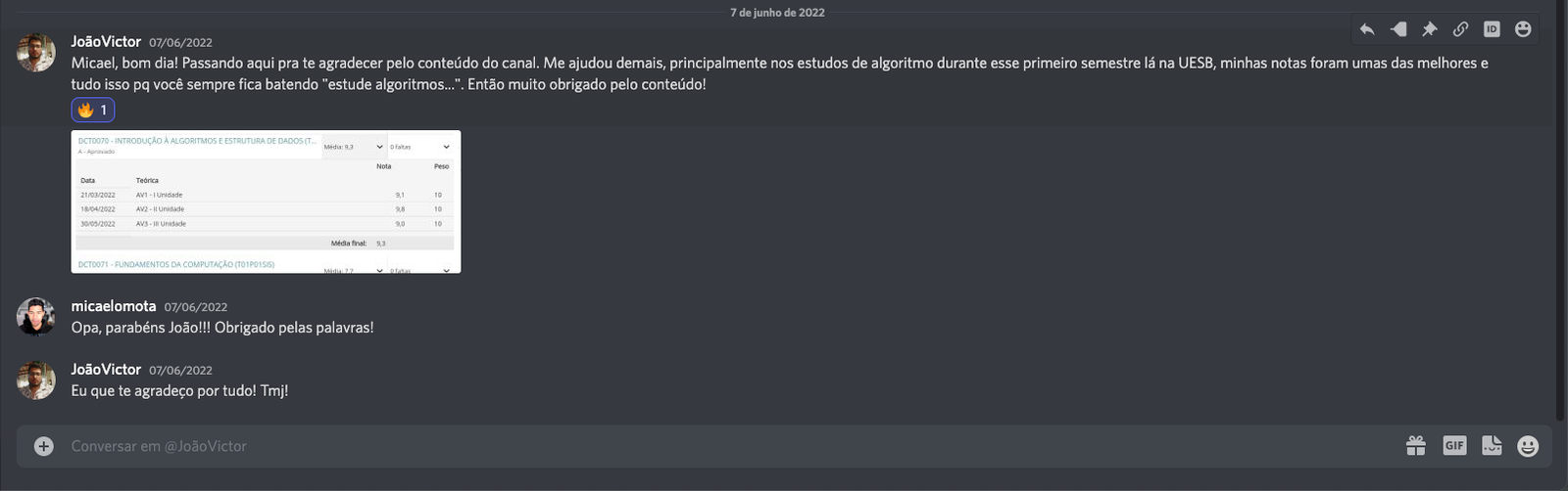 João Victor agradecendo pelo conteúdo do canal, com nota 9.3 em Algoritmos e Estrutura de Dados na UESB